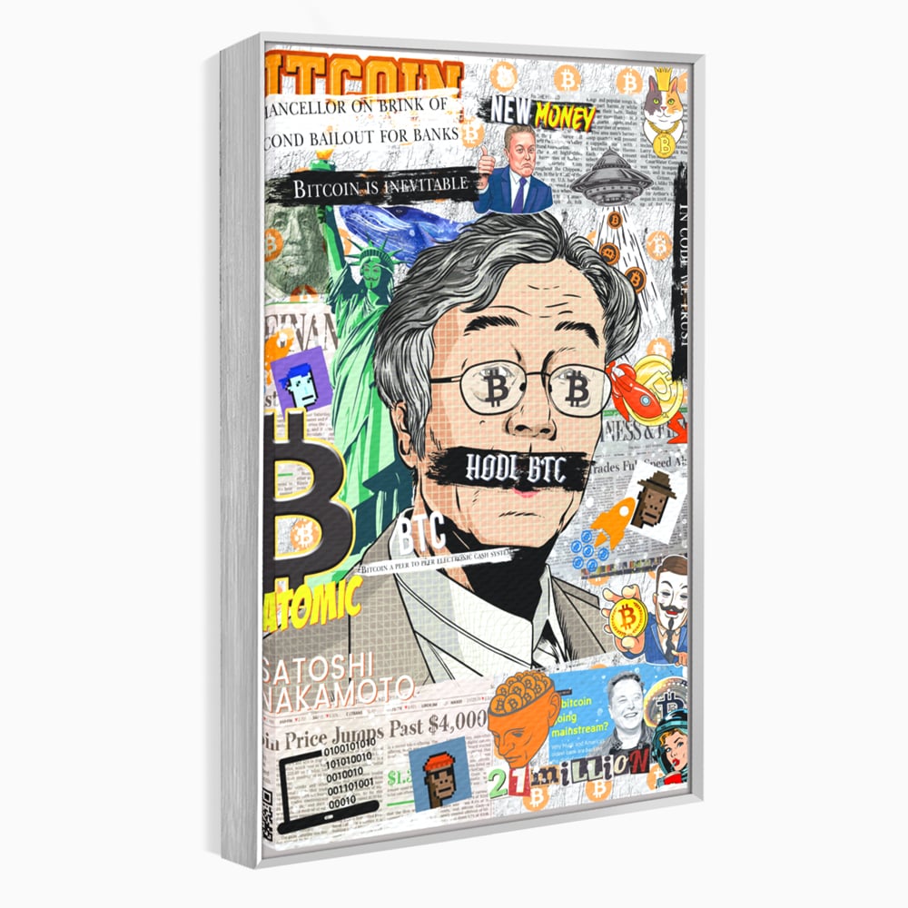Tablou canvas cu tablou canvas cu portret stilizat bitcoin si satoshi, in rama de aluminiu argintiu